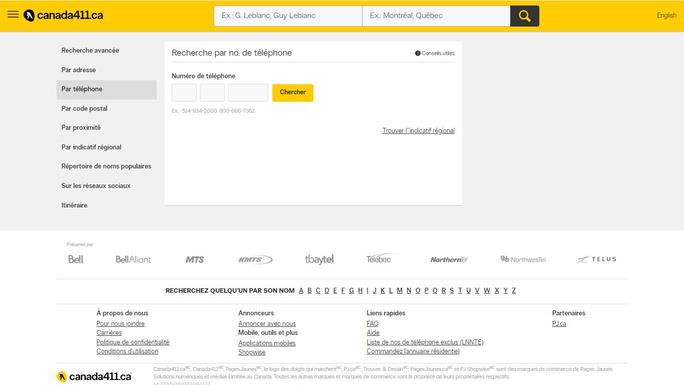Recherche par no. de téléphone - Canada 411